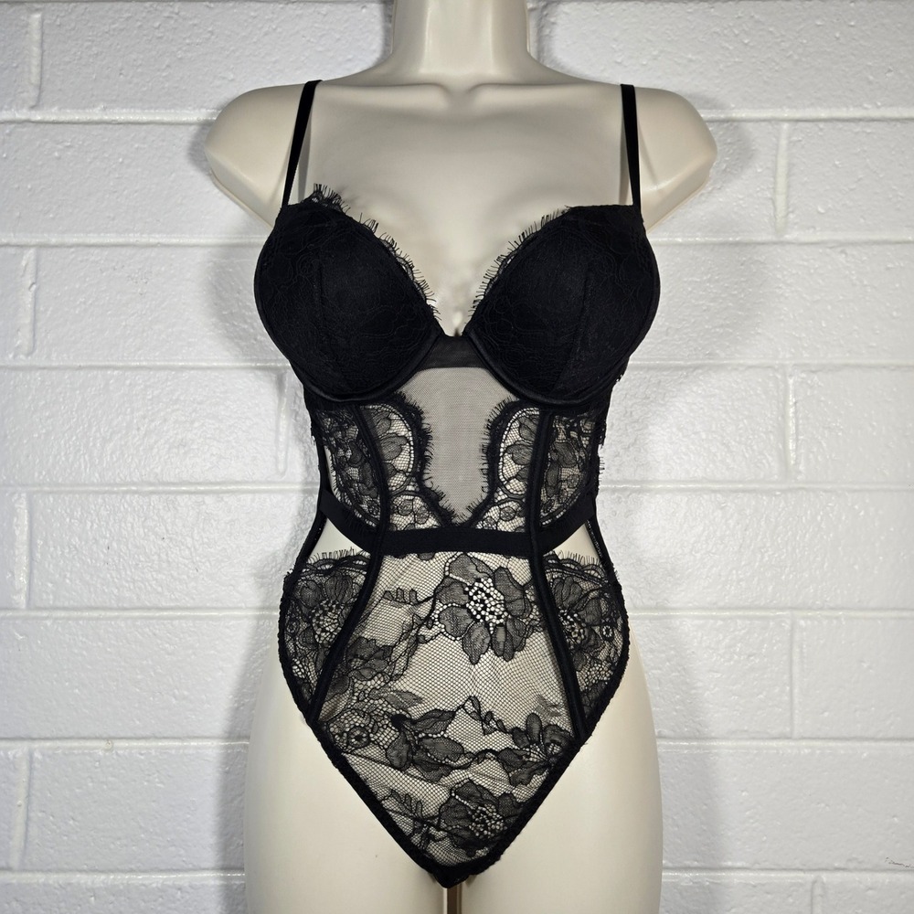 Victoria's Secret Lace Pushup Teddy Bodysuit Top Small Black Sheer Floral Goth